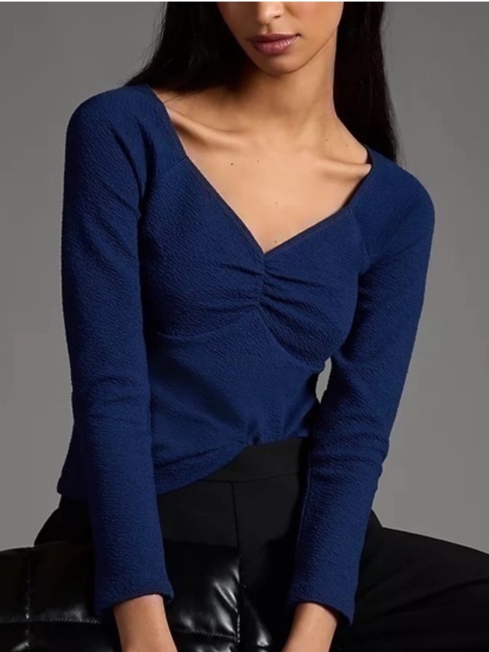Anthropologie Maeve Sweatheart Neckline 3/4 Sleeve Navy Blue Top Size Medium